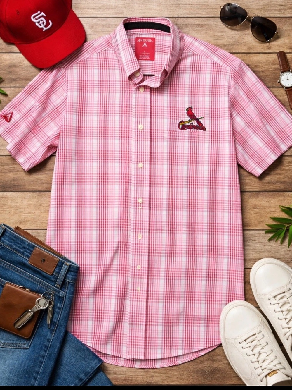 St Louis Cardinals Antigua MLB Mens Large Button Up Shirt Red Plaid Embroidered